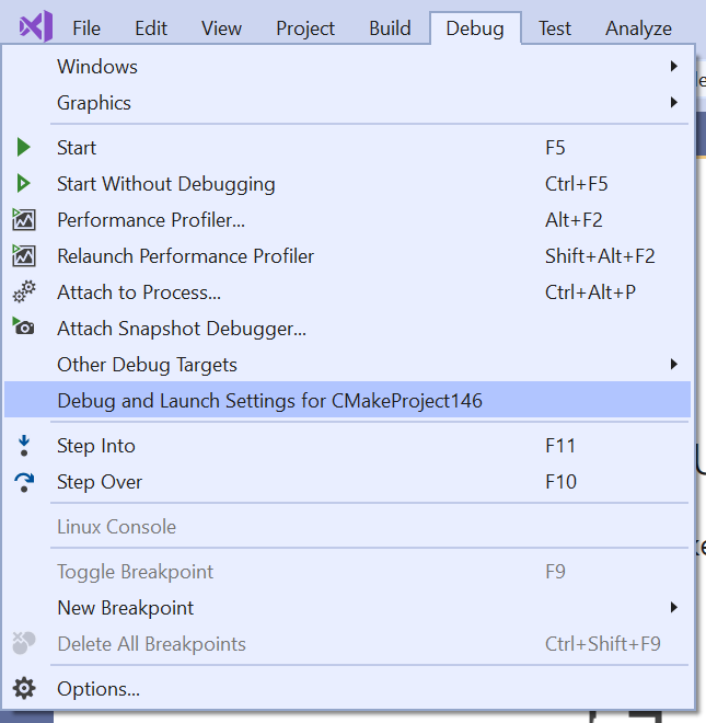 Debug menu entry point Screenshot of the Debug menu command Debug and launch settings for the project.