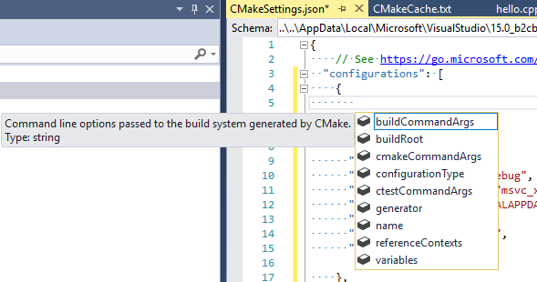 CMake JSON IntelliSense Screenshot of the CMake JSON IntelliSense pop-up in the editor.
