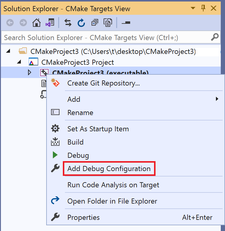Targets view entry point Screenshot of the Add Debug Configuration command on the shortcut menu for the target.