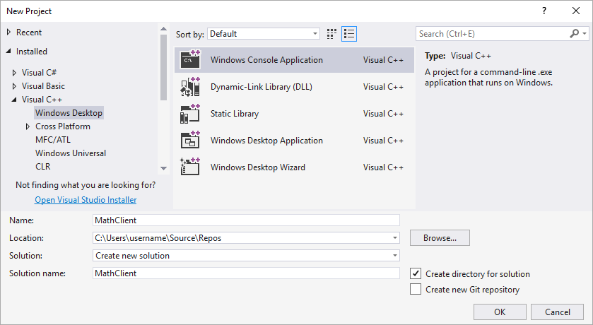 Screenshot of the New Project dialog with Windows Console Application highlighted, and Math Client typed in the Name text box.