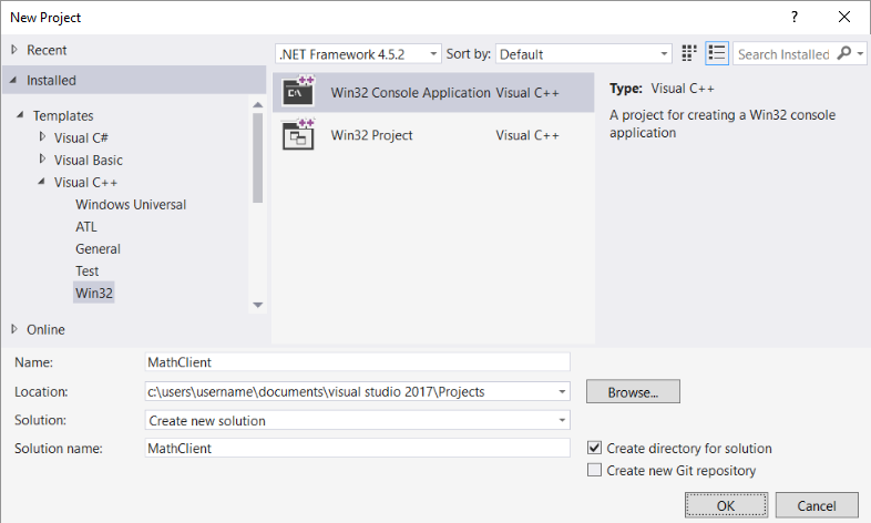 Screenshot of the New Project dialog with Win32 Console Application Visual C plus plus highlighted, and Math Client typed in the Name text box.