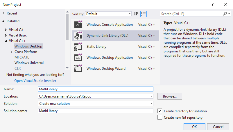Screenshot of the New Project dialog in Visual Studio 2017 showing Math Library in the Name text box.
