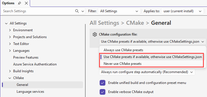 Screenshot of the C make options pane.