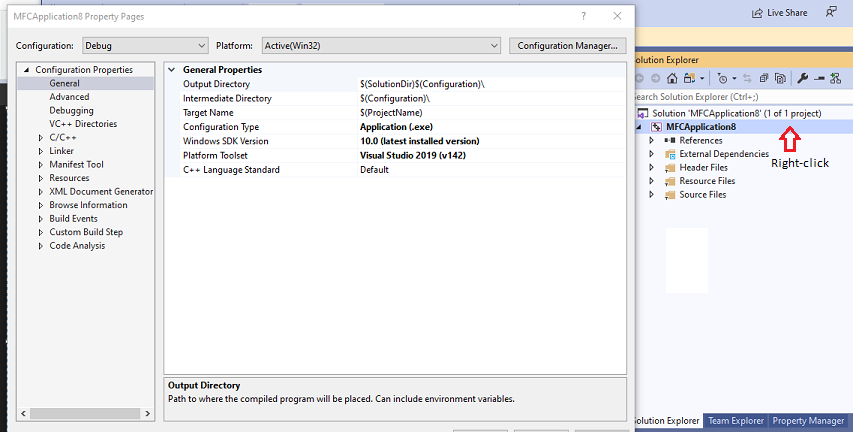 Screenshot of the project Property Pages window.