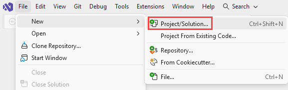 Screenshot of the File > New > Project/Solution menu item.