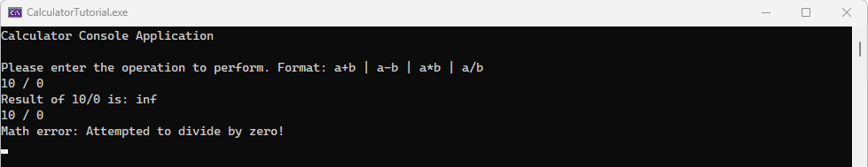 Video of the Debug Console showing the final result after code changes. 10 / 0 is entered and the program displays 'Division by 0 exception'.