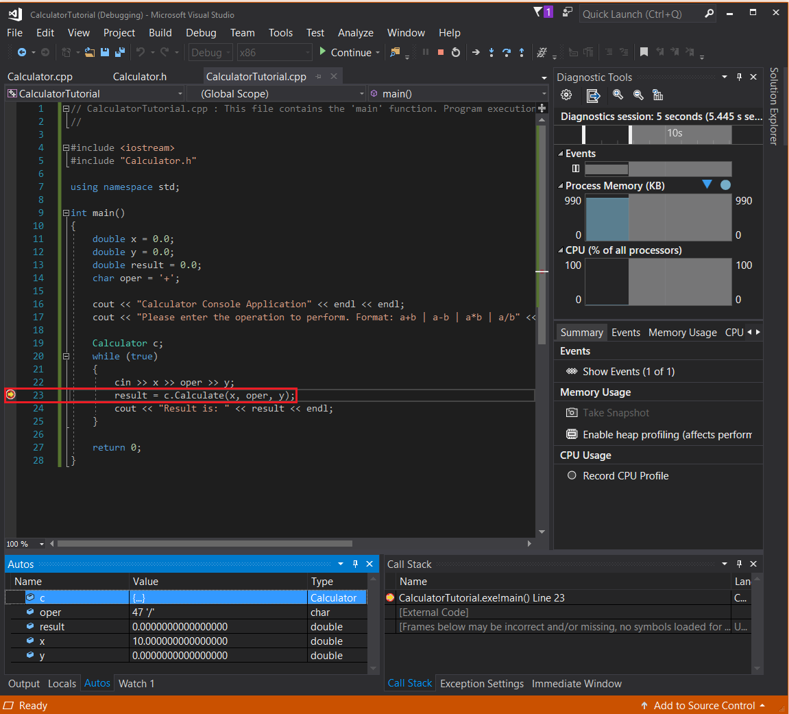 Screenshot showing the program execution paused at the conditional breakpoint.