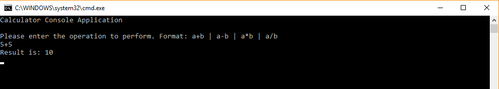 Screenshot of a command window running the Calculator app, showing that the result of 5 + 5 is 10.