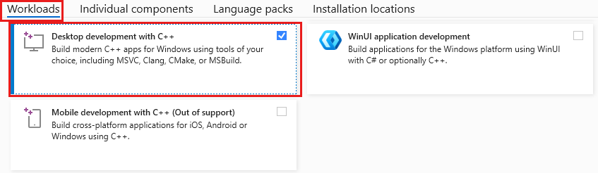 Screenshot showing the Visual Studio installer with the Desktop development with C plus plus workload selected.