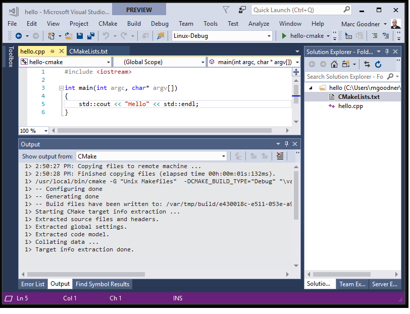 Generate the CMake cache on Linux Screenshot of Visual Studio showing the output of Generate CMake cache on Linux.