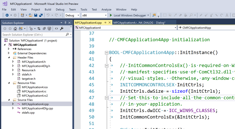 Visual Studio 2017 Solution Explorer and code editor Screenshot of the Solution Explorer and code editor windows.