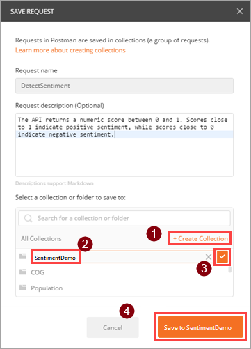 Screenshot that shows the steps for creating a collection.