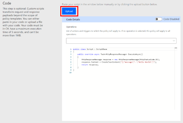 Screenshot of Upload your custom code.
