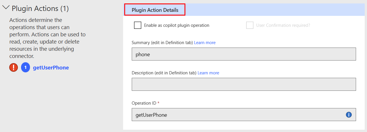 Screenshot of the fields on the 'Plugin Action Details' page.