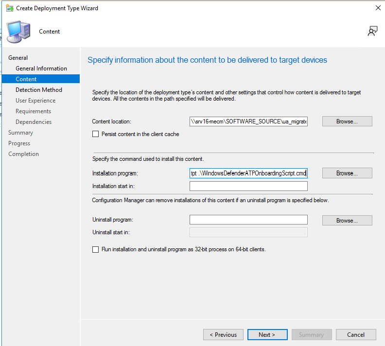 Screenshot of the deployment type Content page with content location and installation program fields.
