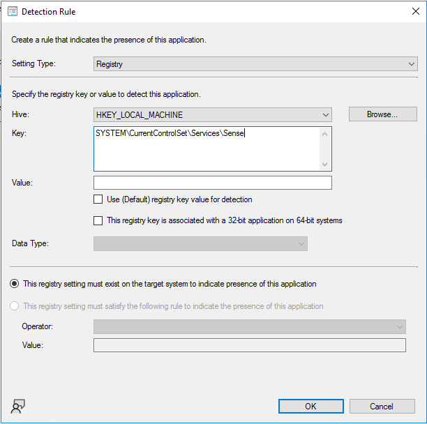 Screenshot of the Detection Rule dialog with the Sense service registry key configured.