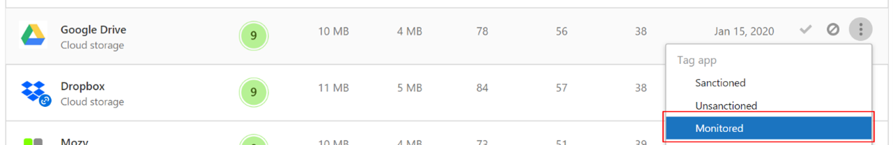 Screenshot of Cloud App Catalog settings for marking an app as monitored.