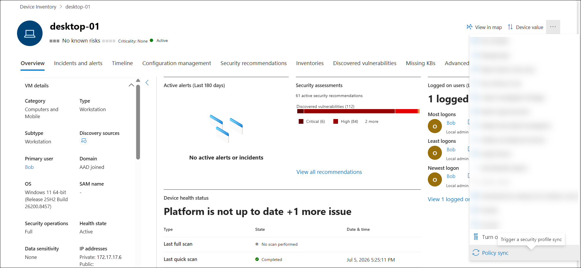 Screenshot of the device actions menu showing the Policy sync action.