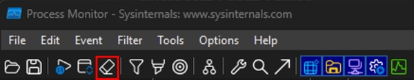 Screenshot that shows the button to clear the ProcMon entries.
