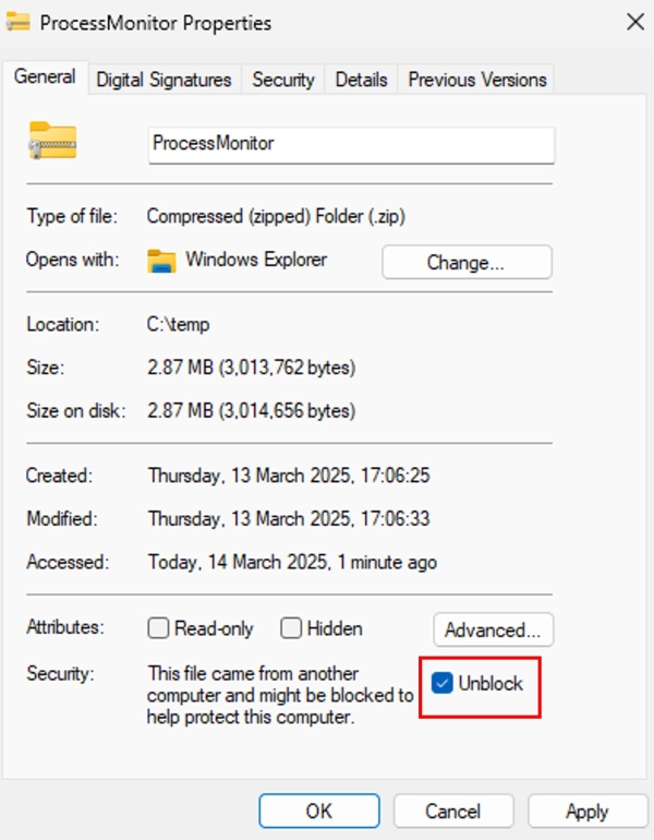 Screenshot that shows how to remove the "Mark Of The Web" from the ProcessMonitor.zip file.