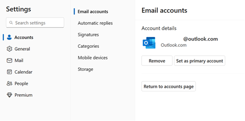 Screenshot that shows how to change the primary account in Email accounts Settings.