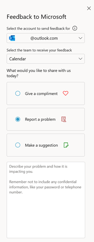 Screenshot that shows how to provide in-product feedback through Feedback to Microsoft.