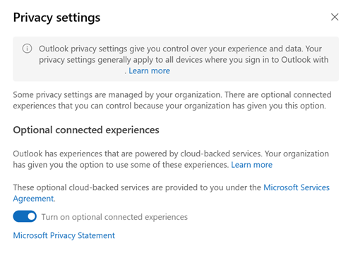 Screenshot that shows how to turn on optional connected experiences in privacy settings.