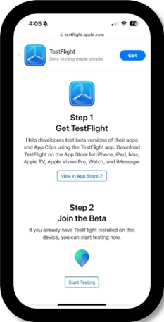 A screenshot of the TestFlight app install on a mobile device.
