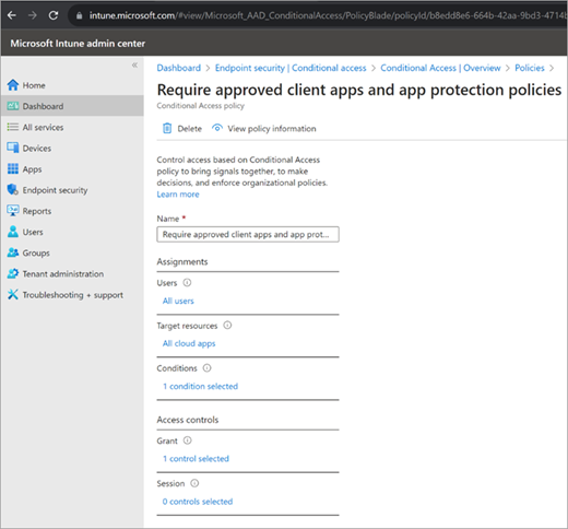 A screenshot of the Required approved client apps and protection policies overview.