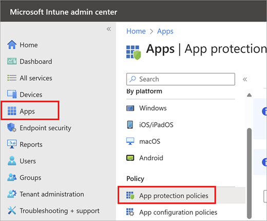 A screenshot of the Intune admin center and App protection policies option.