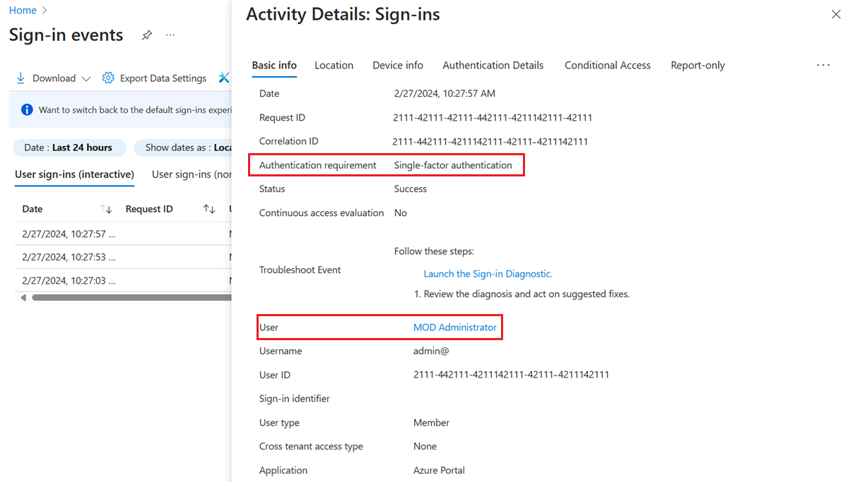 Screenshot that shows activity details in the sign-in logs.