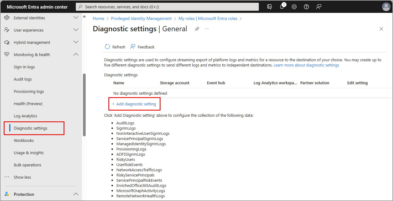 Screenshot of the Add diagnostic setting option.
