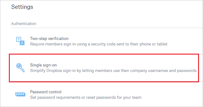 Configure single sign-on Screenshot that shows the "Authentication" section with "Single sign-on" selected.