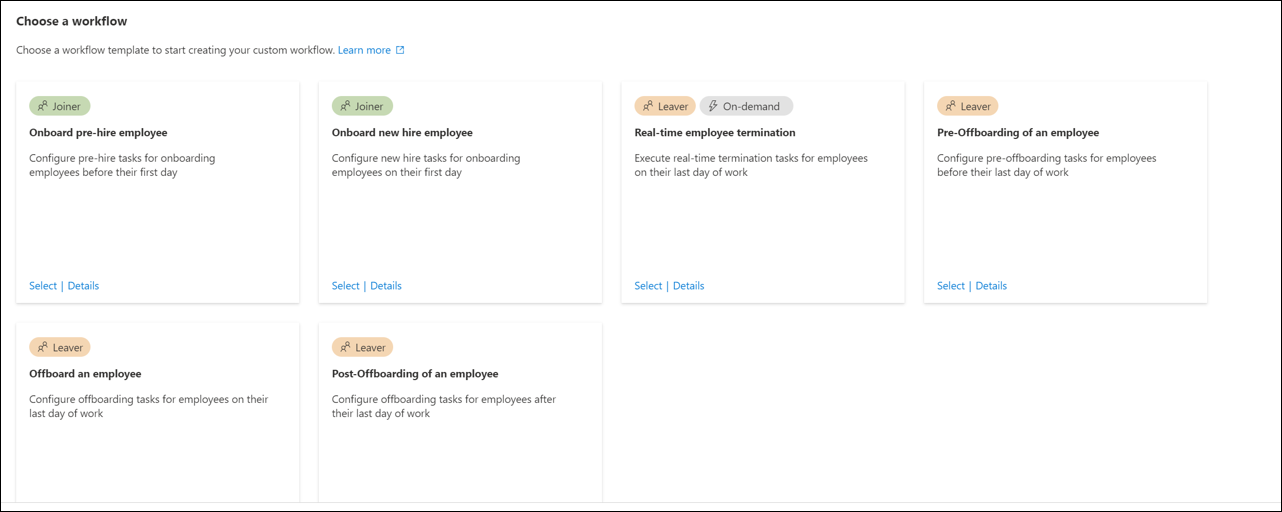 Screenshot of Identity governance, Lifecycle workflows, Create a workflow, Choose a workflow.
