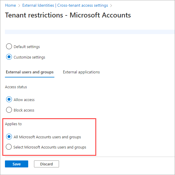 Screenshot that shows selecting external users and groups.
