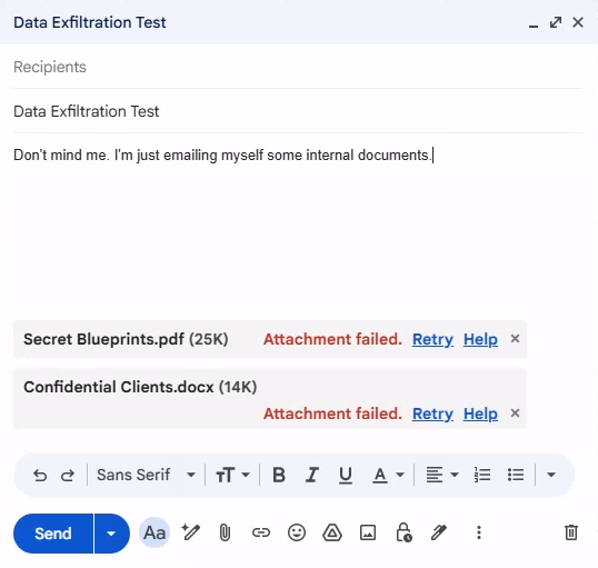 Screenshot that shows a blocked file upload attempt.