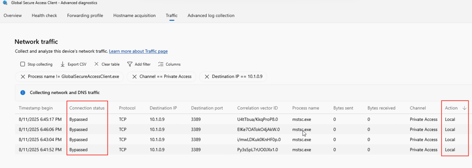 Screenshot showing network traffic capture with Intelligent Local Access bypassed traffic.