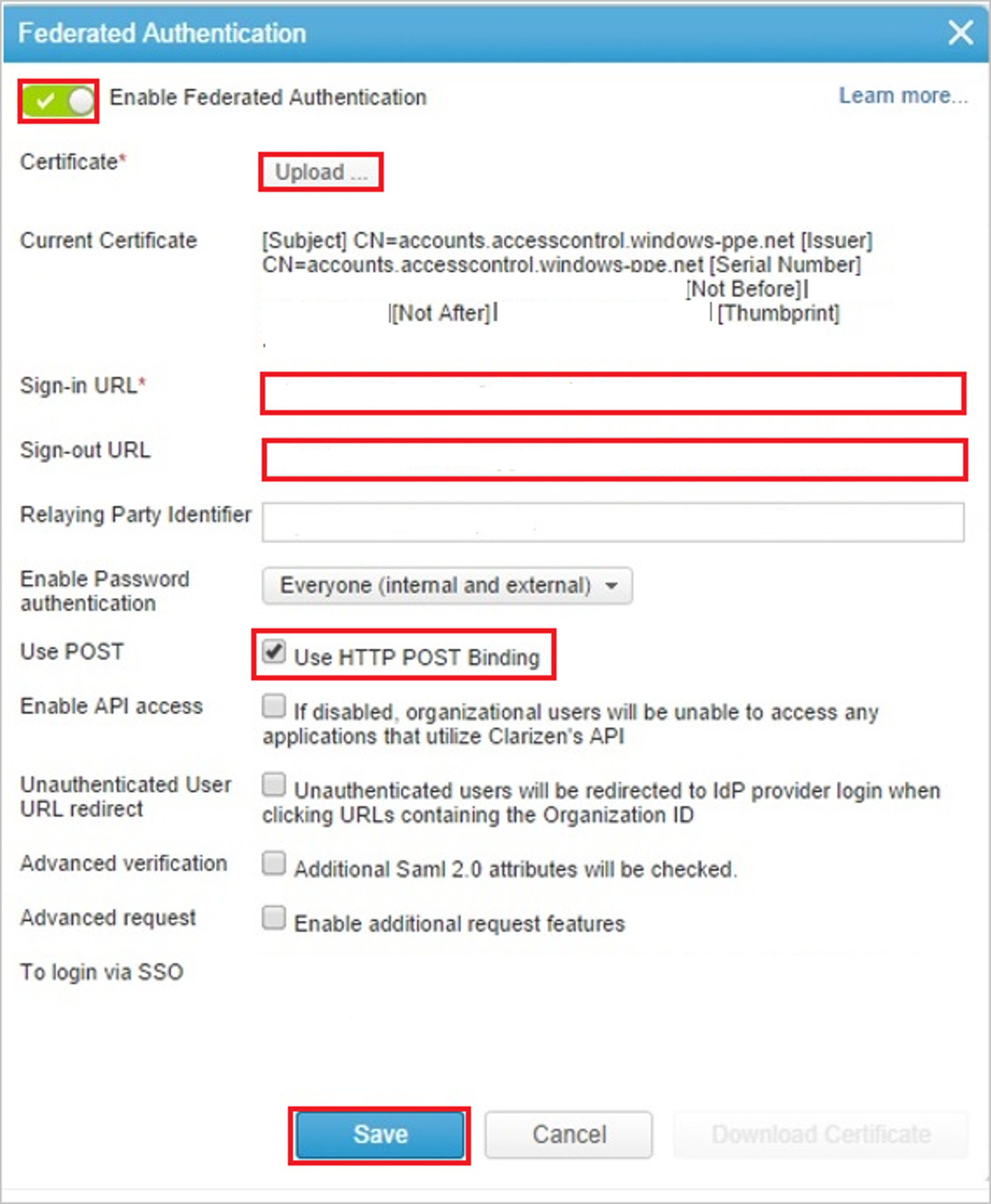 Federated Authentication "Federated Authentication" dialog box