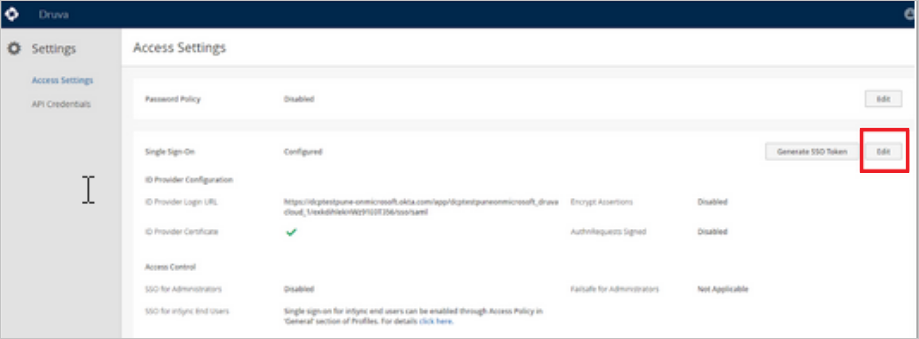 Single Sign-On Settings Screenshot that shows the "Access Settings - Single Sign-On" tab with the "Edit" button selected.