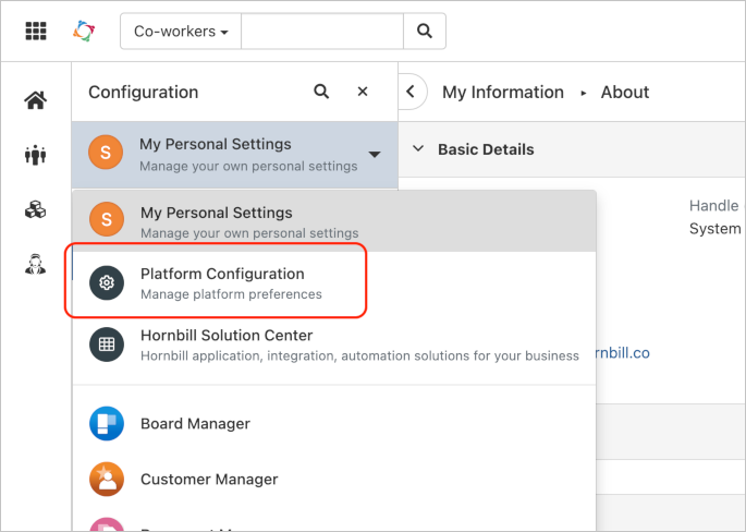 Hornbill security Screenshot shows the Hornbill platform configuration.