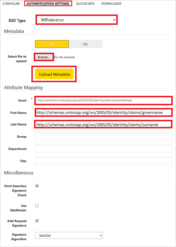 Authentication Settings Screenshot shows the Authentication Settings page where you can enter the values described
