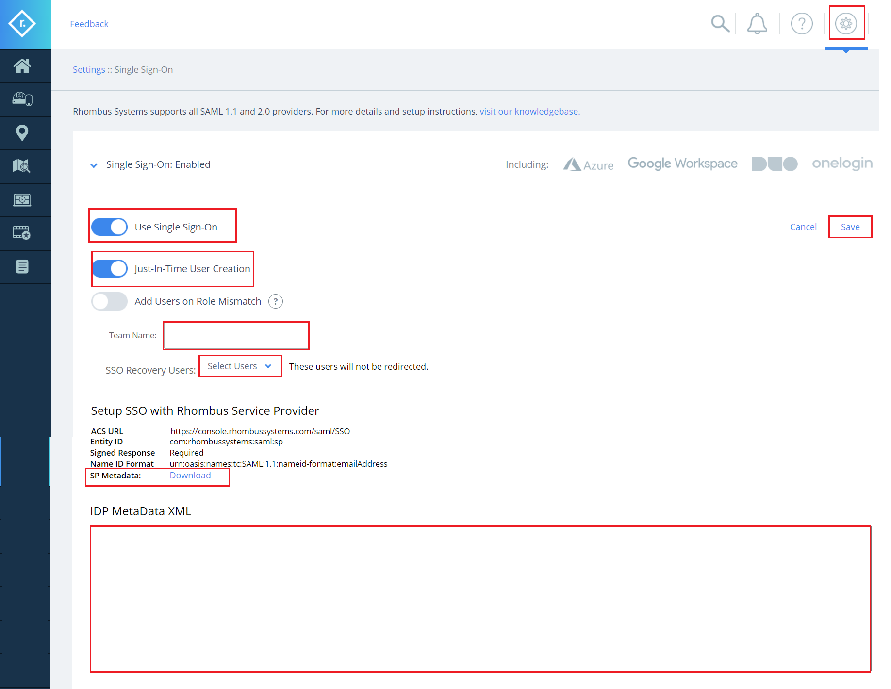 Account Screenshot shows settings of SSO configuration.