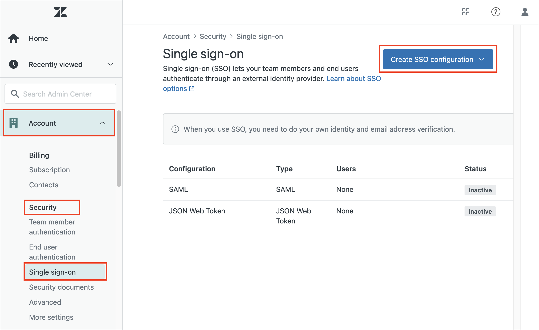 Security Screenshot shows the Zendesk Admin Center with Security settings selected.