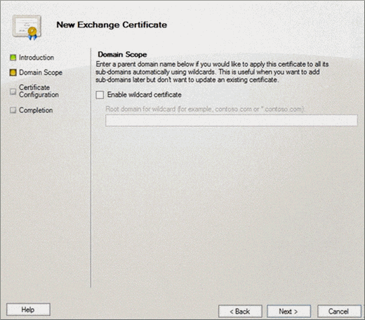 Domain Scope page on New Exchange Certificate wizard for Exchange 2010.
