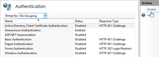 Authentication page of the server in IIS.