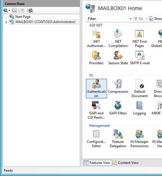 In IIS, select the Server, then select Authentication.