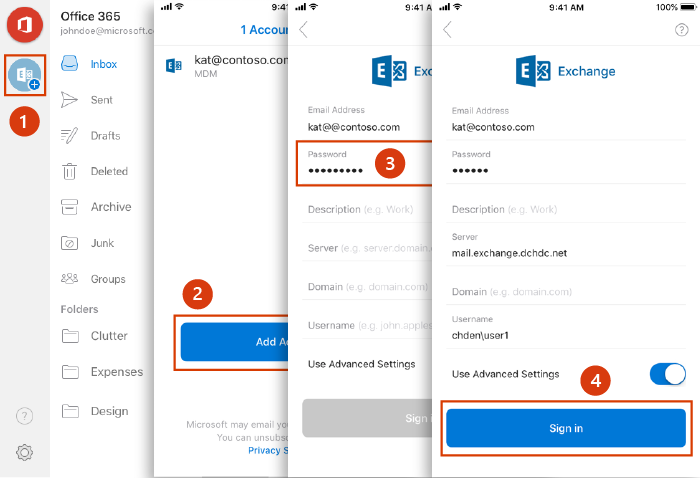 Account setup for Outlook for iOS and Android on-premises.