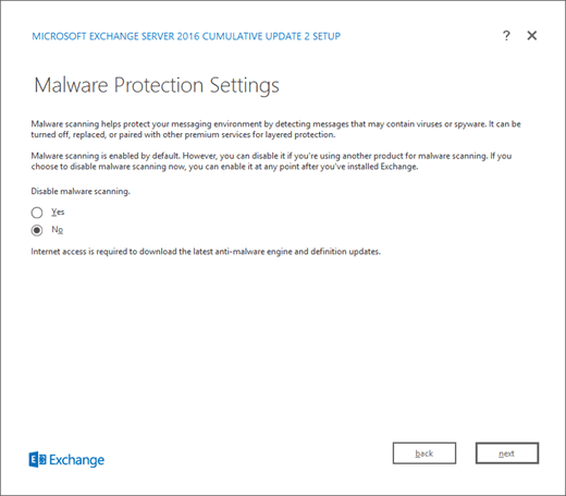 Exchange setup, Malware Protection Settings page.