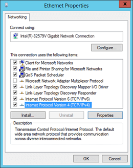 Properties of the network adapter in Windows.