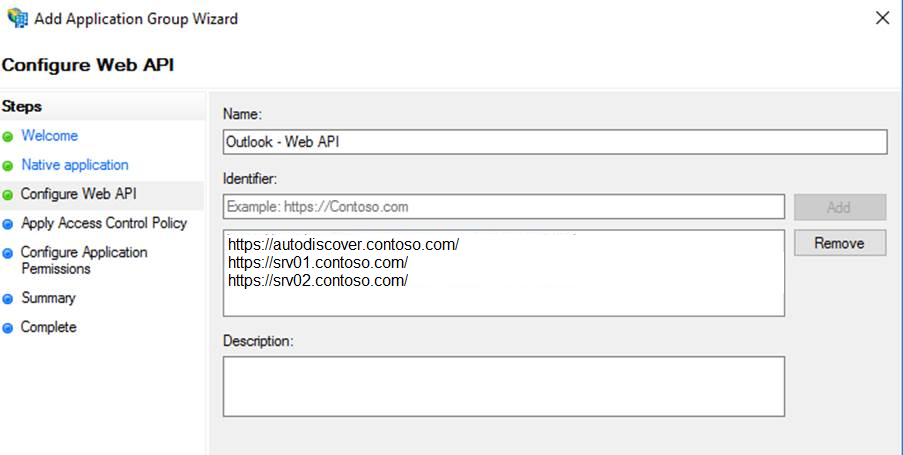 A screenshot that shows ADFS Add application group assistant. It shows the page to configure the Web API.